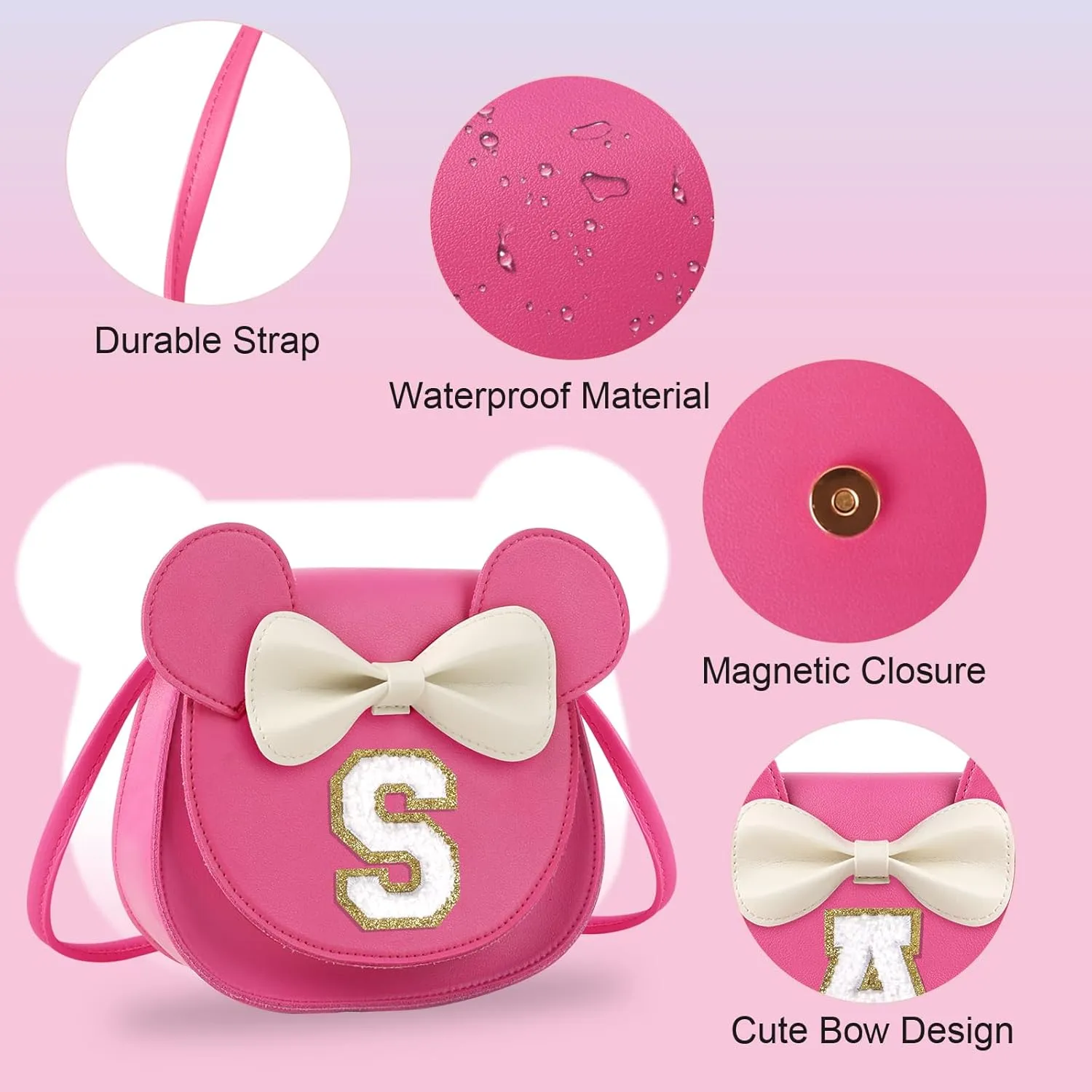 Birthday Gifts for 2 3 4 5 6 7 8 9 10 Year Old Girls, Toddler Kids Purse Little Girl Mouse Ear Bow Personalized Initial Purse