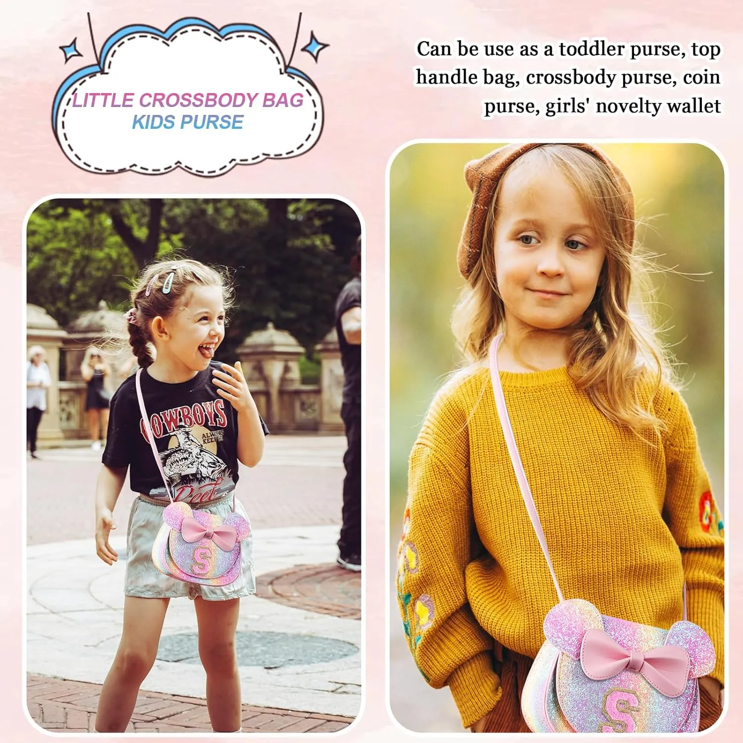 Birthday Gifts for 2 3 4 5 6 7 8 9 10 Year Old Girls, Toddler Kids Purse Little Girl Mouse Ear Bow Personalized Initial Purse