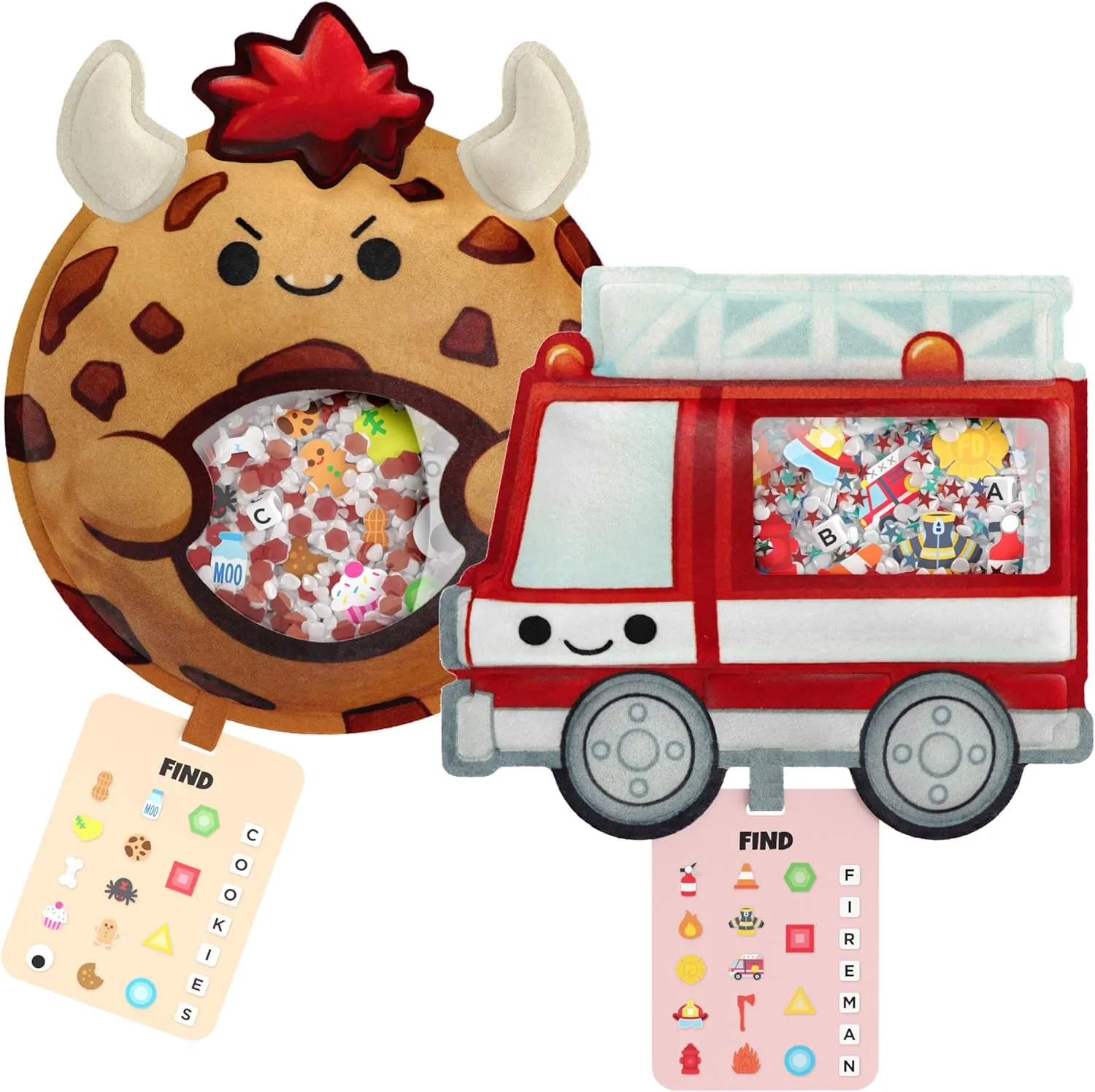 BIZYBOO - The Original Seek & Find Plush - Hidden Object Search Problem Solving Educational Matching Game for Kids 2 and Up - 2 Pack (Crumbs & Blaze)