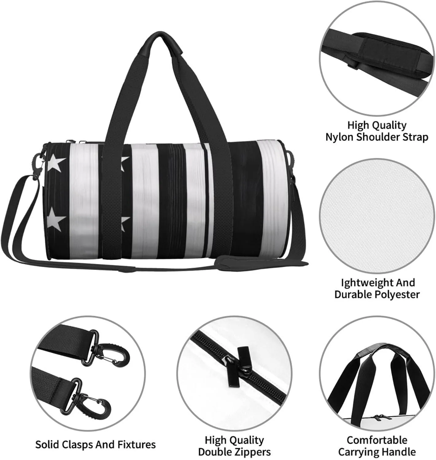 Black and White American Flag Printed Travel Bag,Round Personal Item Storage bag,Foldie Duffel Bag for Traveling Vacation,Fitness,Sports