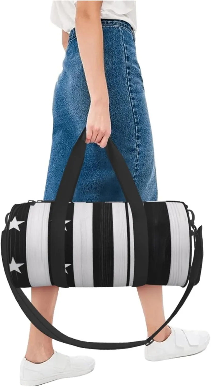Black and White American Flag Printed Travel Bag,Round Personal Item Storage bag,Foldie Duffel Bag for Traveling Vacation,Fitness,Sports
