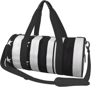 Black and White American Flag Printed Travel Bag,Round Personal Item Storage bag,Foldie Duffel Bag for Traveling Vacation,Fitness,Sports
