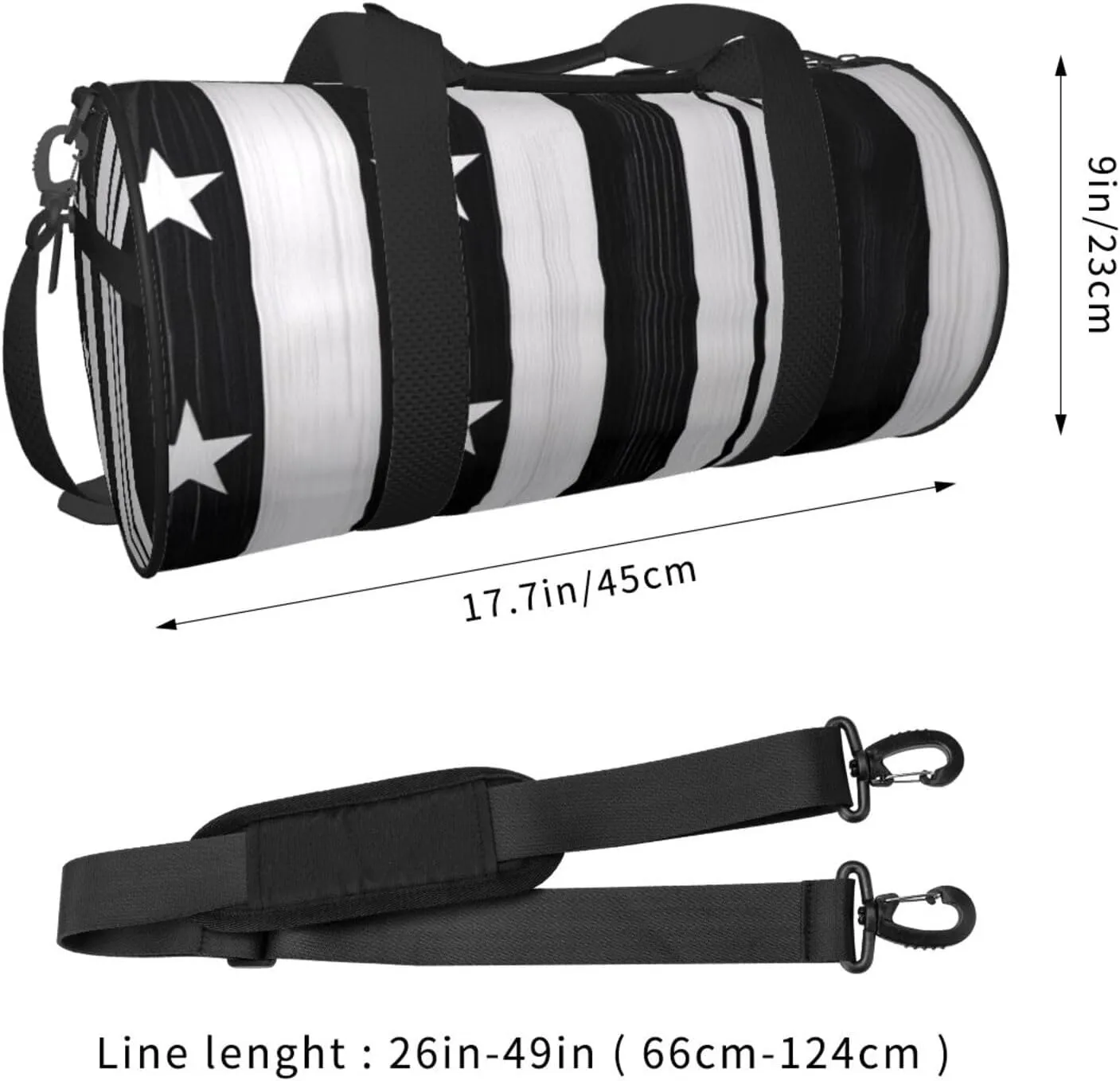 Black and White American Flag Printed Travel Bag,Round Personal Item Storage bag,Foldie Duffel Bag for Traveling Vacation,Fitness,Sports