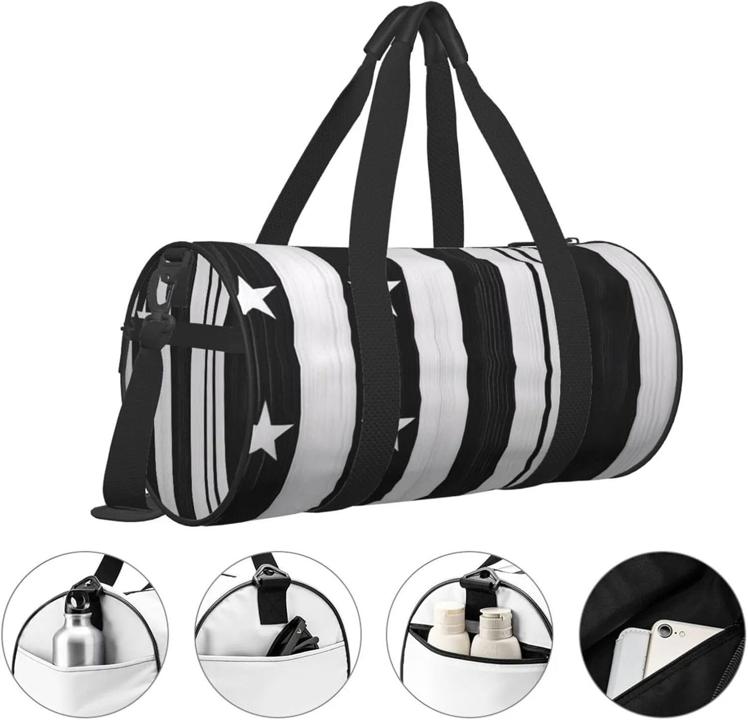 Black and White American Flag Printed Travel Bag,Round Personal Item Storage bag,Foldie Duffel Bag for Traveling Vacation,Fitness,Sports
