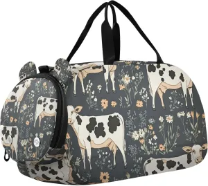 Black and White Cows Duffle Bag for Toddler Girls Boys, Sports Gym Bag with Shoe Compartments, Kids Travel Overnight Weekender Shoulder Bag