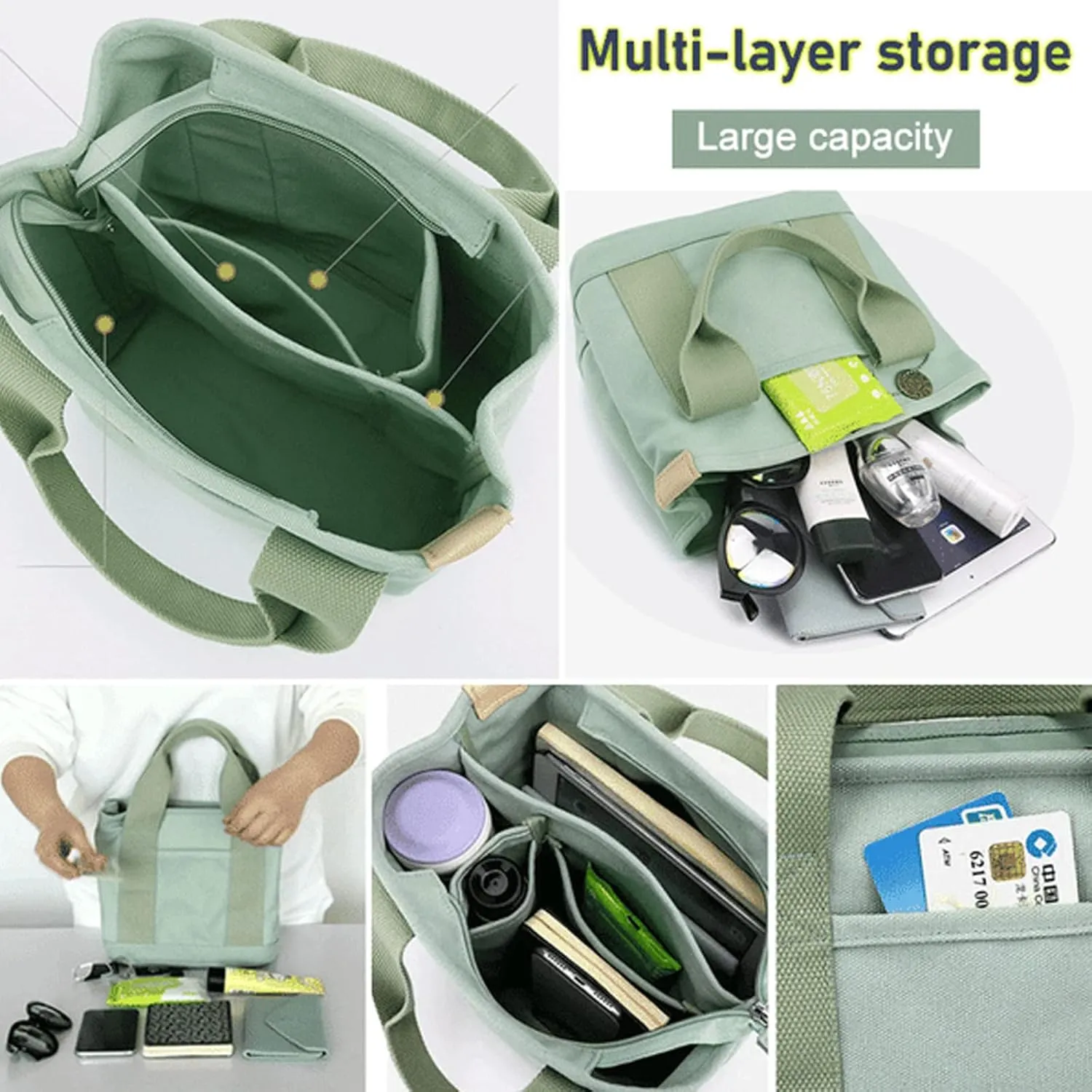 Black Bags for Women Canvas Tote Bag Compartments Everything Capacity Multipocket Handbag Purse Crossbody Shoulder Bag