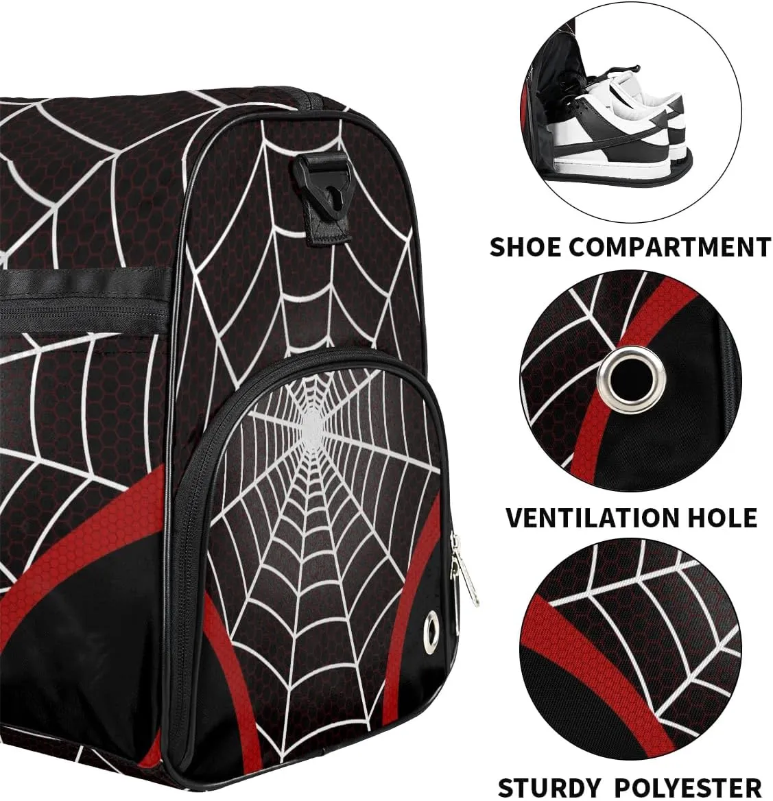 Black Spider Web Overnighter Duffel Bags for Boys Men, Carry-On Size Sports Gym Bag with Shoe Compartments for School Practice or Overnight Travel Weekender Sleepover Tote Bag