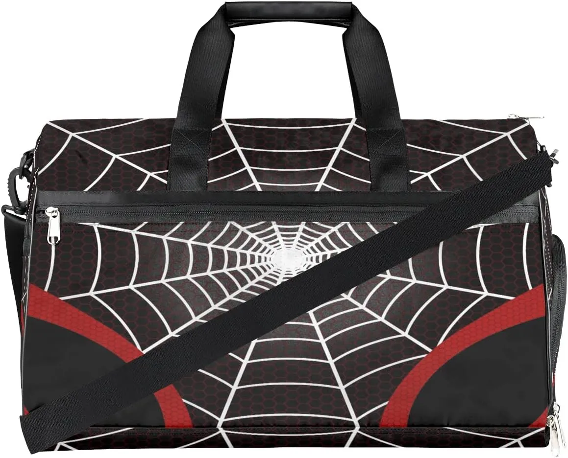 Black Spider Web Overnighter Duffel Bags for Boys Men, Carry-On Size Sports Gym Bag with Shoe Compartments for School Practice or Overnight Travel Weekender Sleepover Tote Bag
