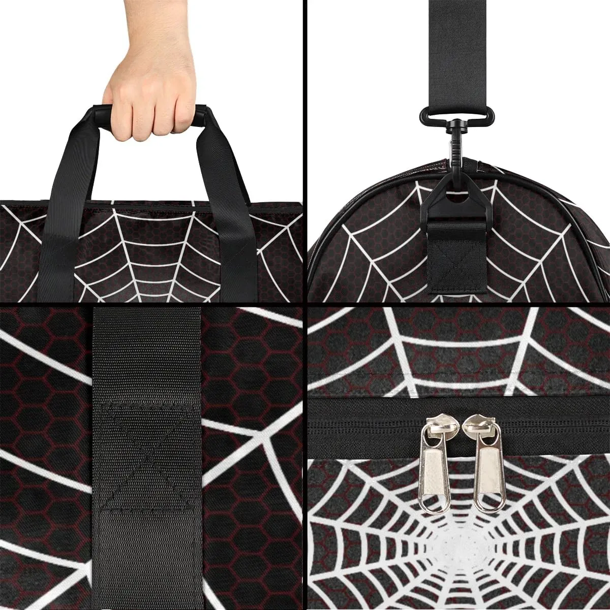 Black Spider Web Overnighter Duffel Bags for Boys Men, Carry-On Size Sports Gym Bag with Shoe Compartments for School Practice or Overnight Travel Weekender Sleepover Tote Bag