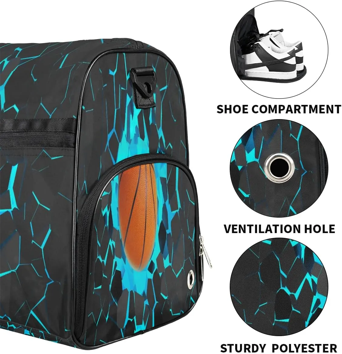Blue 3D Basketball Kids Overnighter Duffel Bags for Boys Girls, Carry-On Size Sports Gym Bag with Shoe Compartments for School Practice or Overnight Travel Weekender Sleepover Tote Bag