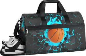 Blue 3D Basketball Kids Overnighter Duffel Bags for Boys Girls, Carry-On Size Sports Gym Bag with Shoe Compartments for School Practice or Overnight Travel Weekender Sleepover Tote Bag