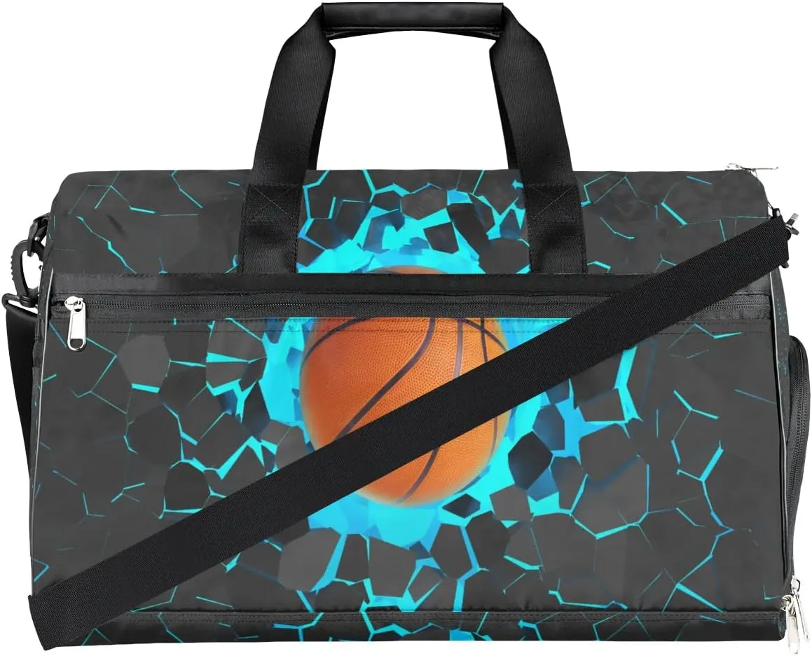 Blue 3D Basketball Kids Overnighter Duffel Bags for Boys Girls, Carry-On Size Sports Gym Bag with Shoe Compartments for School Practice or Overnight Travel Weekender Sleepover Tote Bag