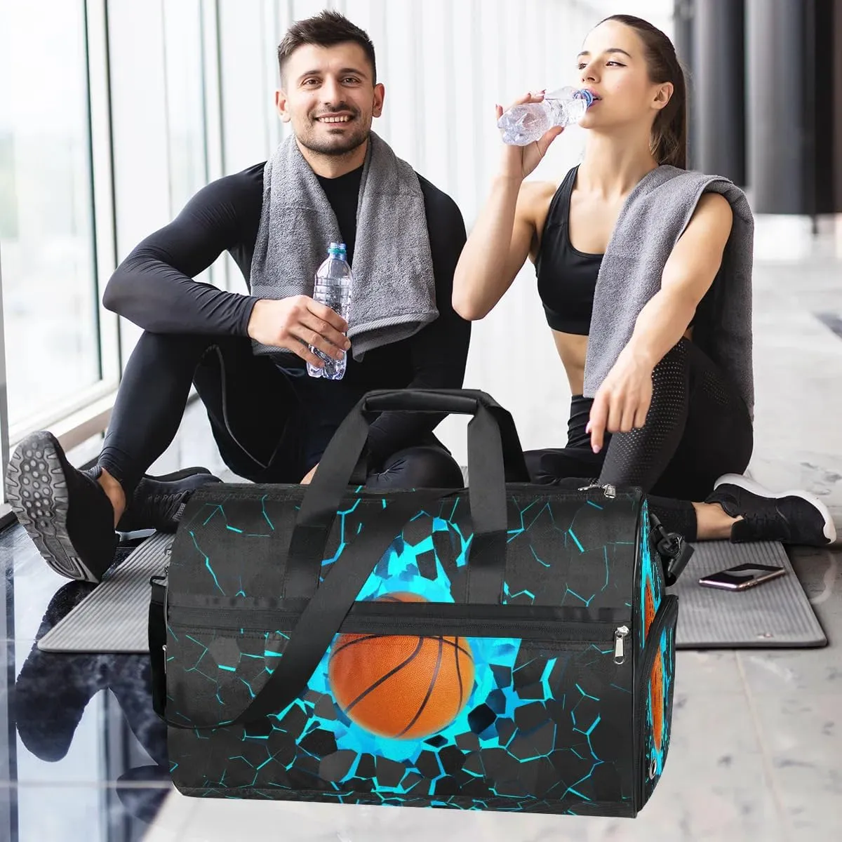 Blue 3D Basketball Kids Overnighter Duffel Bags for Boys Girls, Carry-On Size Sports Gym Bag with Shoe Compartments for School Practice or Overnight Travel Weekender Sleepover Tote Bag