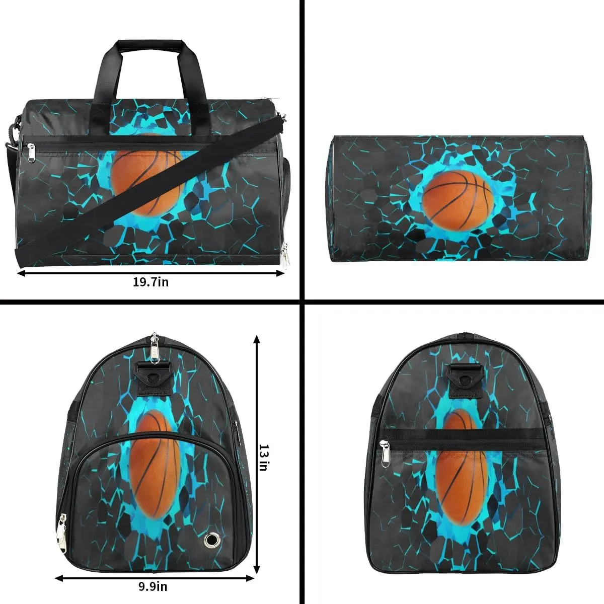 Blue 3D Basketball Kids Overnighter Duffel Bags for Boys Girls, Carry-On Size Sports Gym Bag with Shoe Compartments for School Practice or Overnight Travel Weekender Sleepover Tote Bag