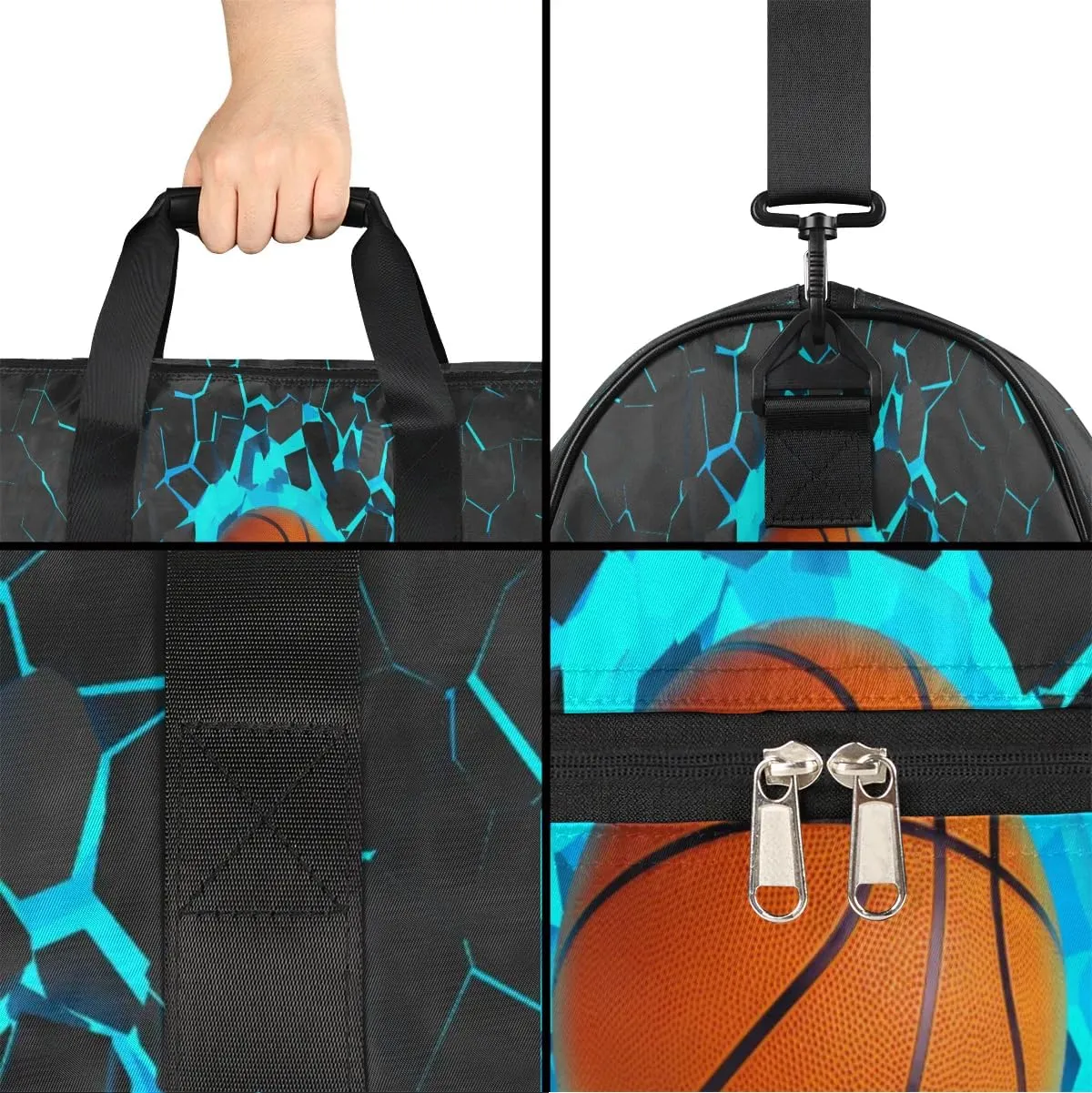 Blue 3D Basketball Kids Overnighter Duffel Bags for Boys Girls, Carry-On Size Sports Gym Bag with Shoe Compartments for School Practice or Overnight Travel Weekender Sleepover Tote Bag