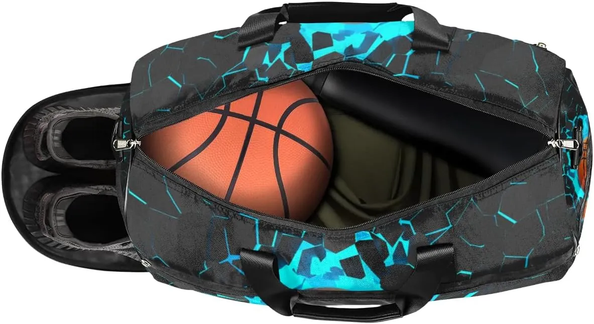 Blue 3D Basketball Kids Overnighter Duffel Bags for Boys Girls, Carry-On Size Sports Gym Bag with Shoe Compartments for School Practice or Overnight Travel Weekender Sleepover Tote Bag