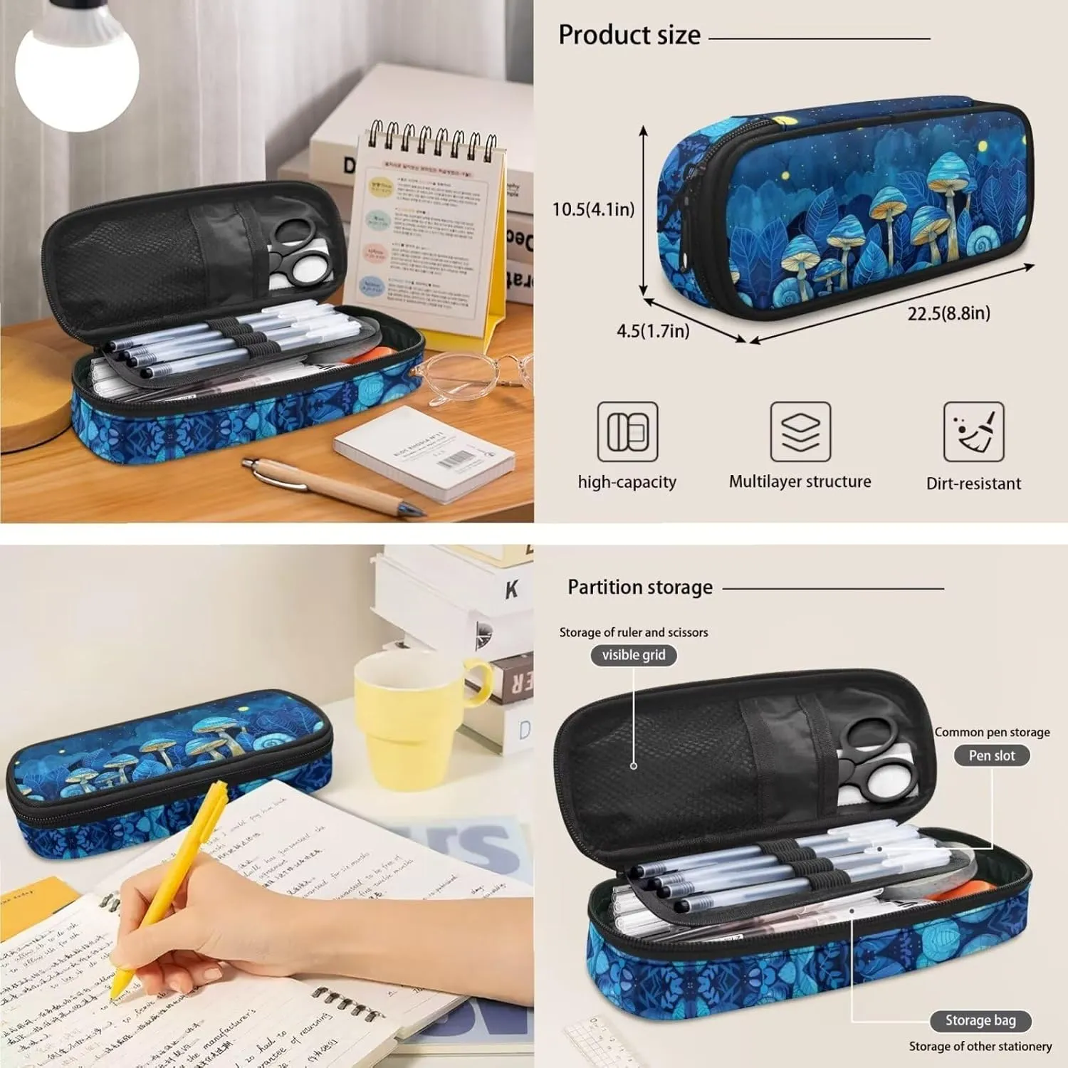 Blue Mushroom Girls Backpack and Lunch Box Set for Teen Girls Middle School 15in Cute Bookbag Polyester Fabric Suitable for Various Occasions Such As Traveling,School,Picnic