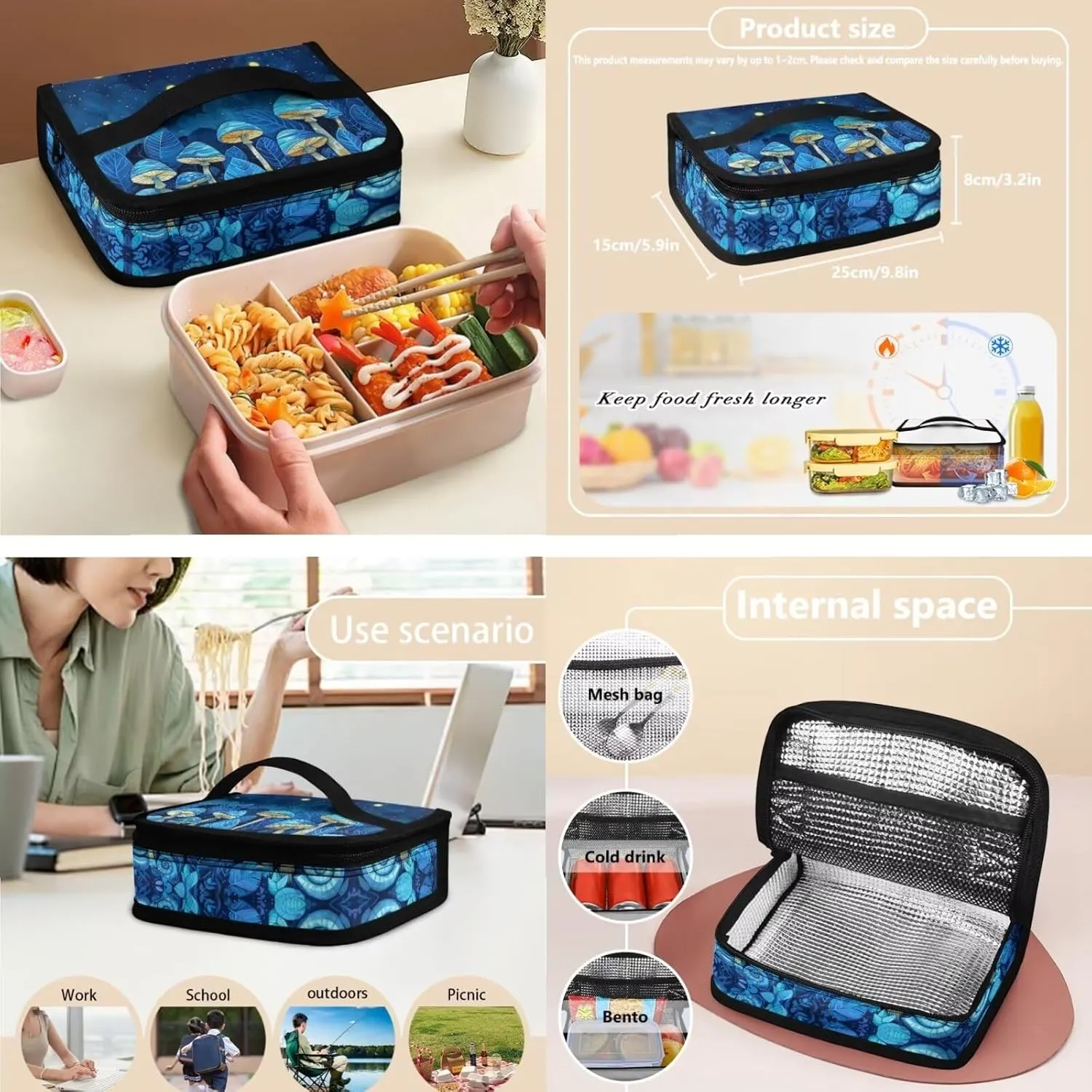 Blue Mushroom Girls Backpack and Lunch Box Set for Teen Girls Middle School 15in Cute Bookbag Polyester Fabric Suitable for Various Occasions Such As Traveling,School,Picnic