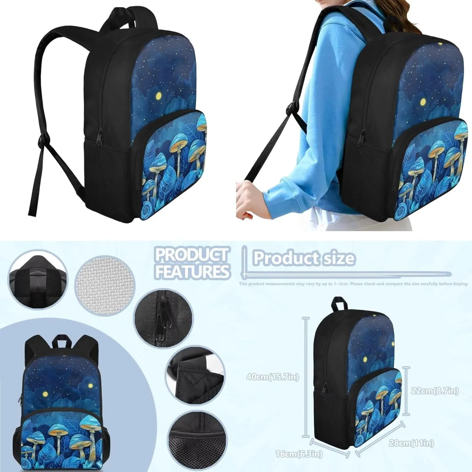 Blue Mushroom Girls Backpack and Lunch Box Set for Teen Girls Middle School 15in Cute Bookbag Polyester Fabric Suitable for Various Occasions Such As Traveling,School,Picnic