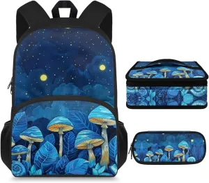 Blue Mushroom Girls Backpack and Lunch Box Set for Teen Girls Middle School 15in Cute Bookbag Polyester Fabric Suitable for Various Occasions Such As Traveling,School,Picnic