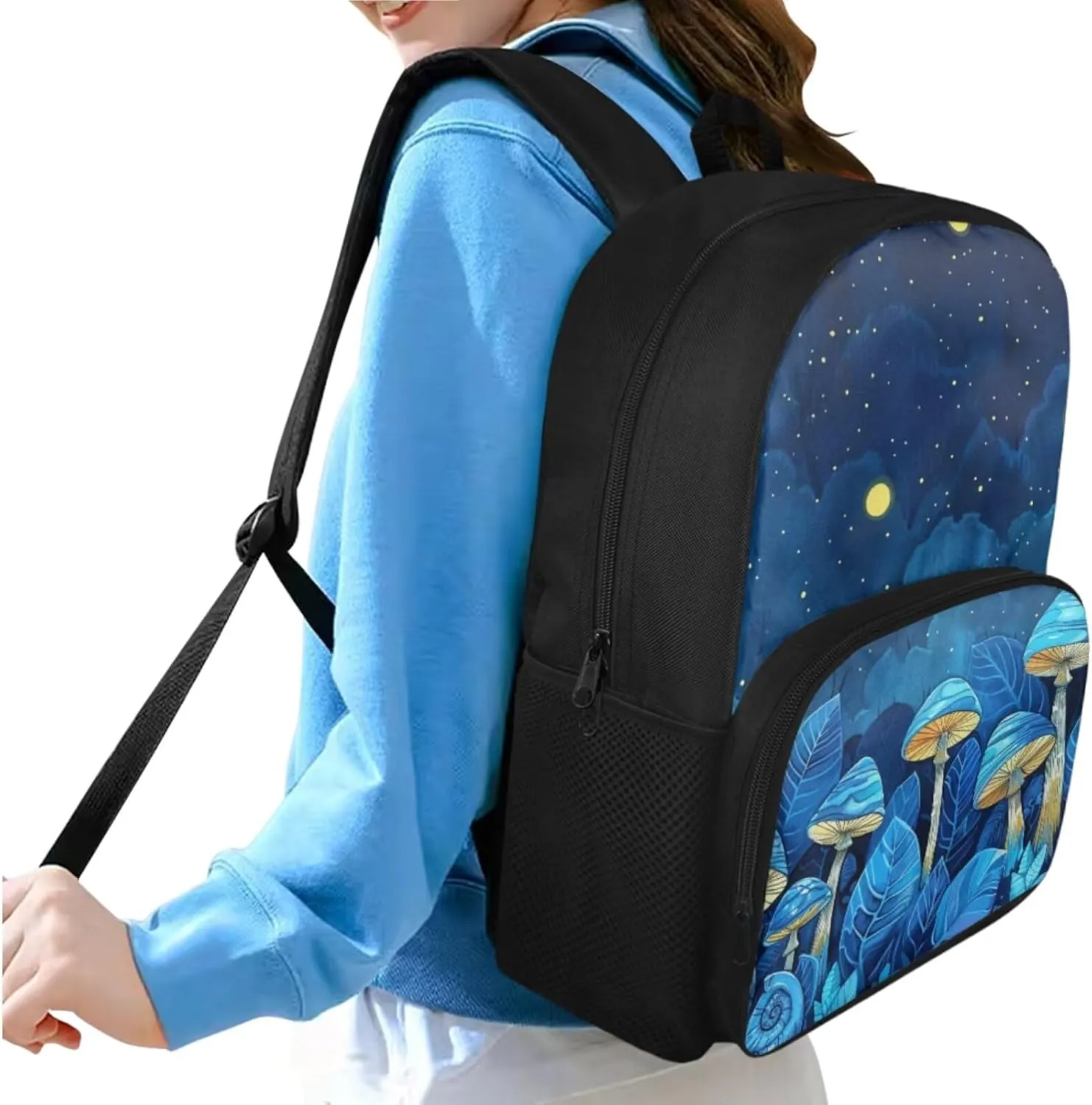 Blue Mushroom Girls Backpack and Lunch Box Set for Teen Girls Middle School 15in Cute Bookbag Polyester Fabric Suitable for Various Occasions Such As Traveling,School,Picnic