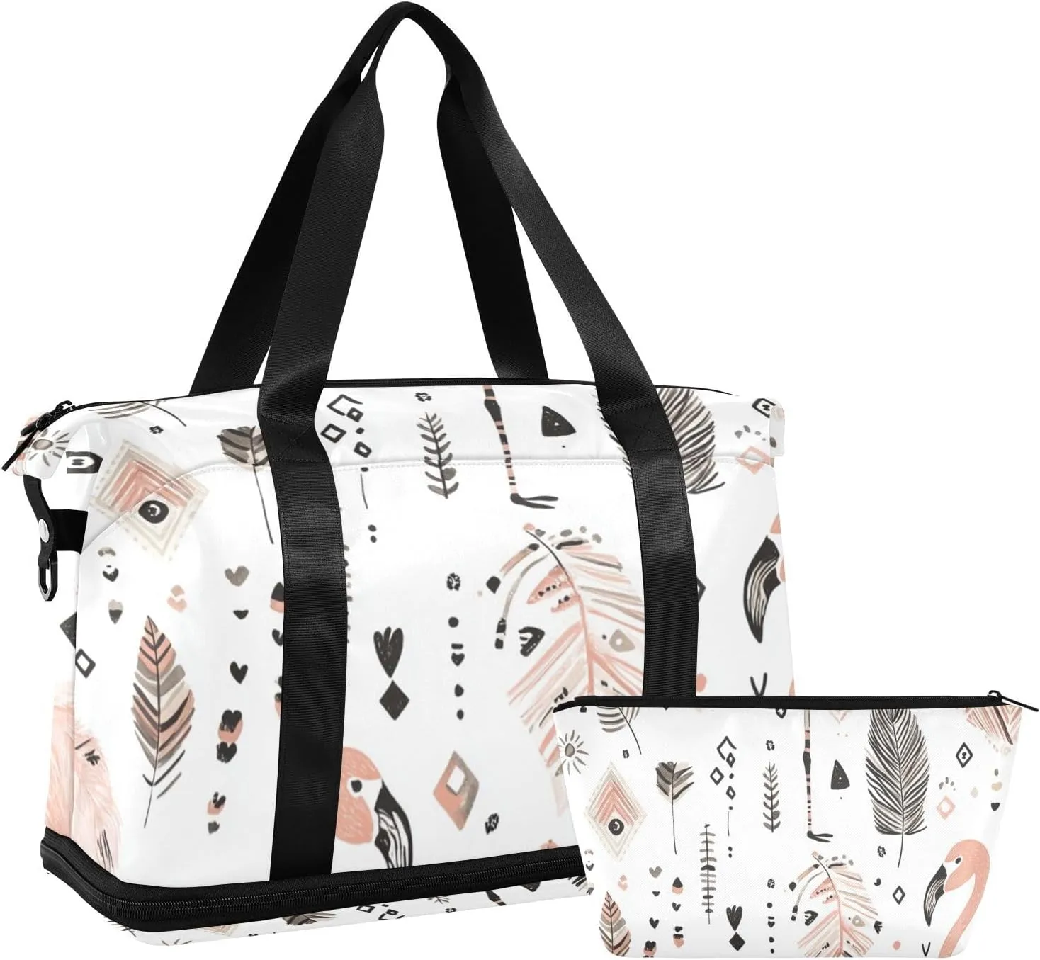 Bohemian Tribal Pink Flamingos with Black Feathers Travel Duffel Bag Carry On Weekend Bag with Toiletry Bag for Business Trips 2 Pcs Set