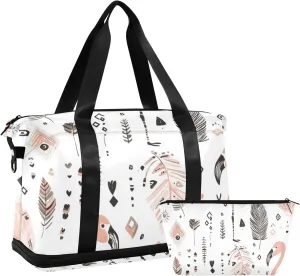 Bohemian Tribal Pink Flamingos with Black Feathers Travel Duffel Bag Carry On Weekend Bag with Toiletry Bag for Business Trips 2 Pcs Set