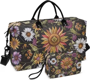 Boho Travel Duffle Bag Gym Bag, Symmetrical Pattern Wildflowers Weekender Bags for Women with Toiletry Bag Travel Tote Bag Swim Bag