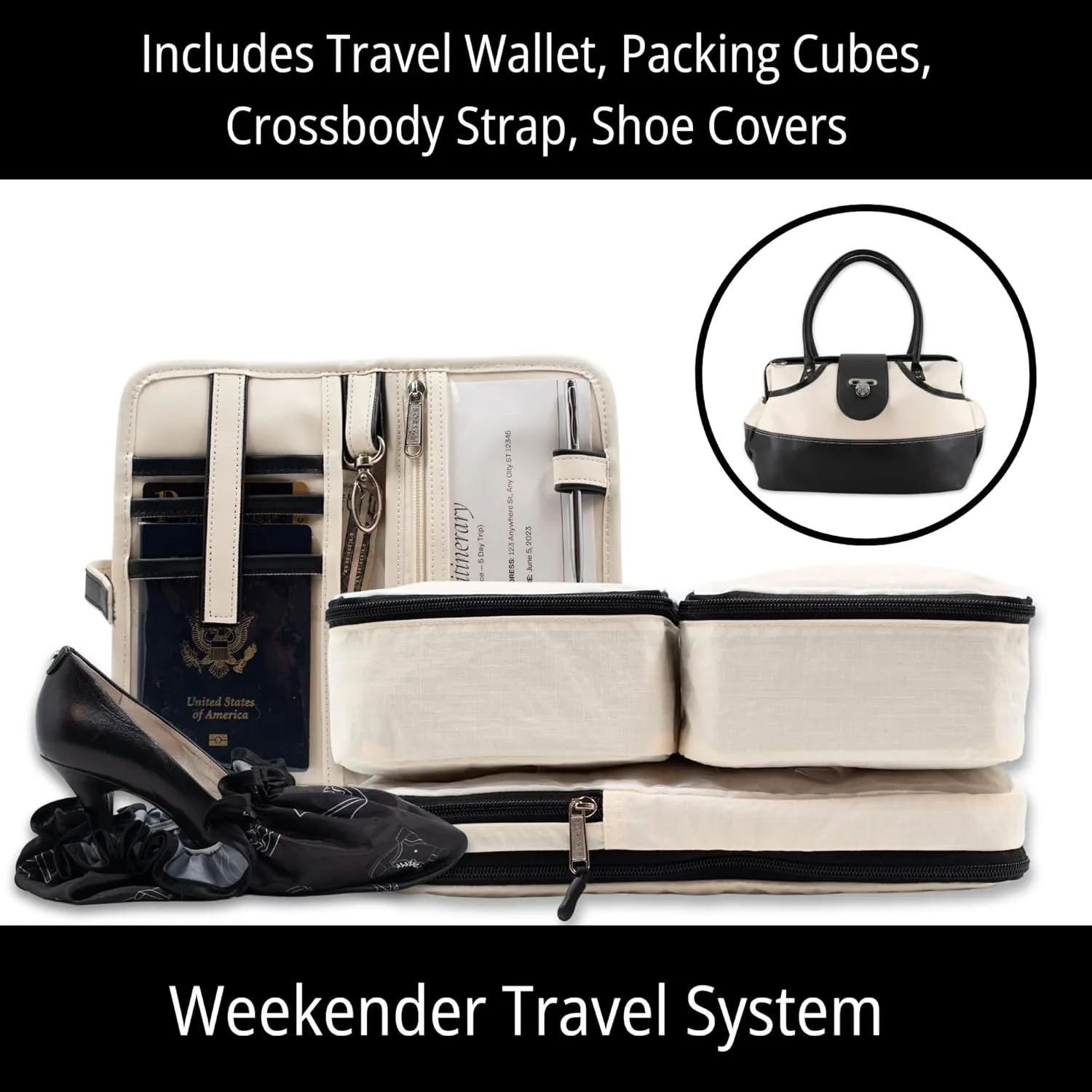 BORSALI Weekender Duffel Bag for Women with Packing Cubes, Travel Wallet, Shoe Covers, Crossbody Strap, Vegan Leather (Cream Duffel)