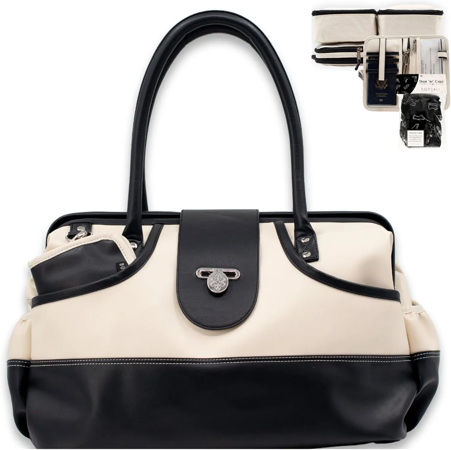 BORSALI Weekender Duffel Bag for Women with Packing Cubes, Travel Wallet, Shoe Covers, Crossbody Strap, Vegan Leather (Cream Duffel)