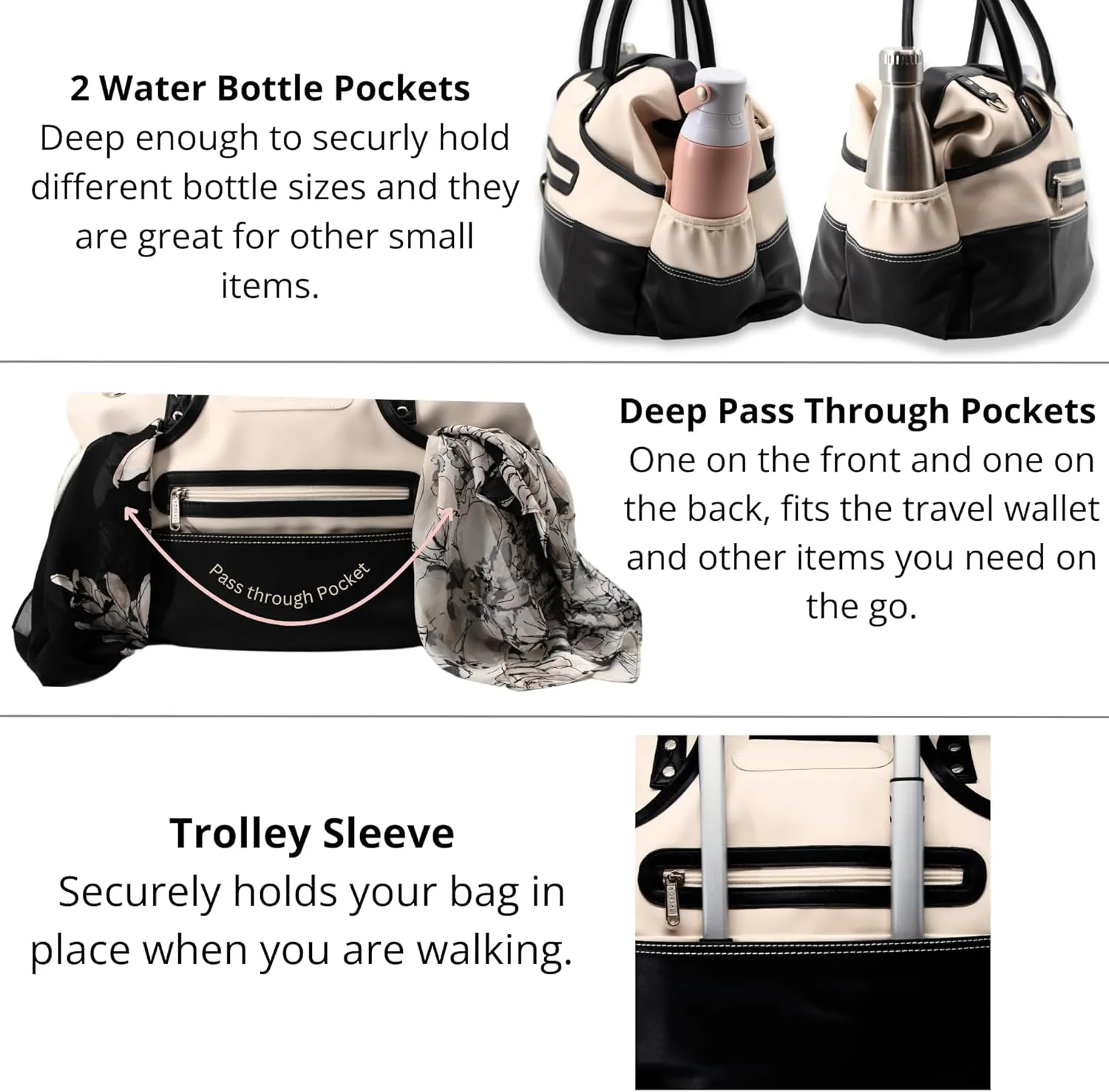 BORSALI Weekender Duffel Bag for Women with Packing Cubes, Travel Wallet, Shoe Covers, Crossbody Strap, Vegan Leather (Cream Duffel)