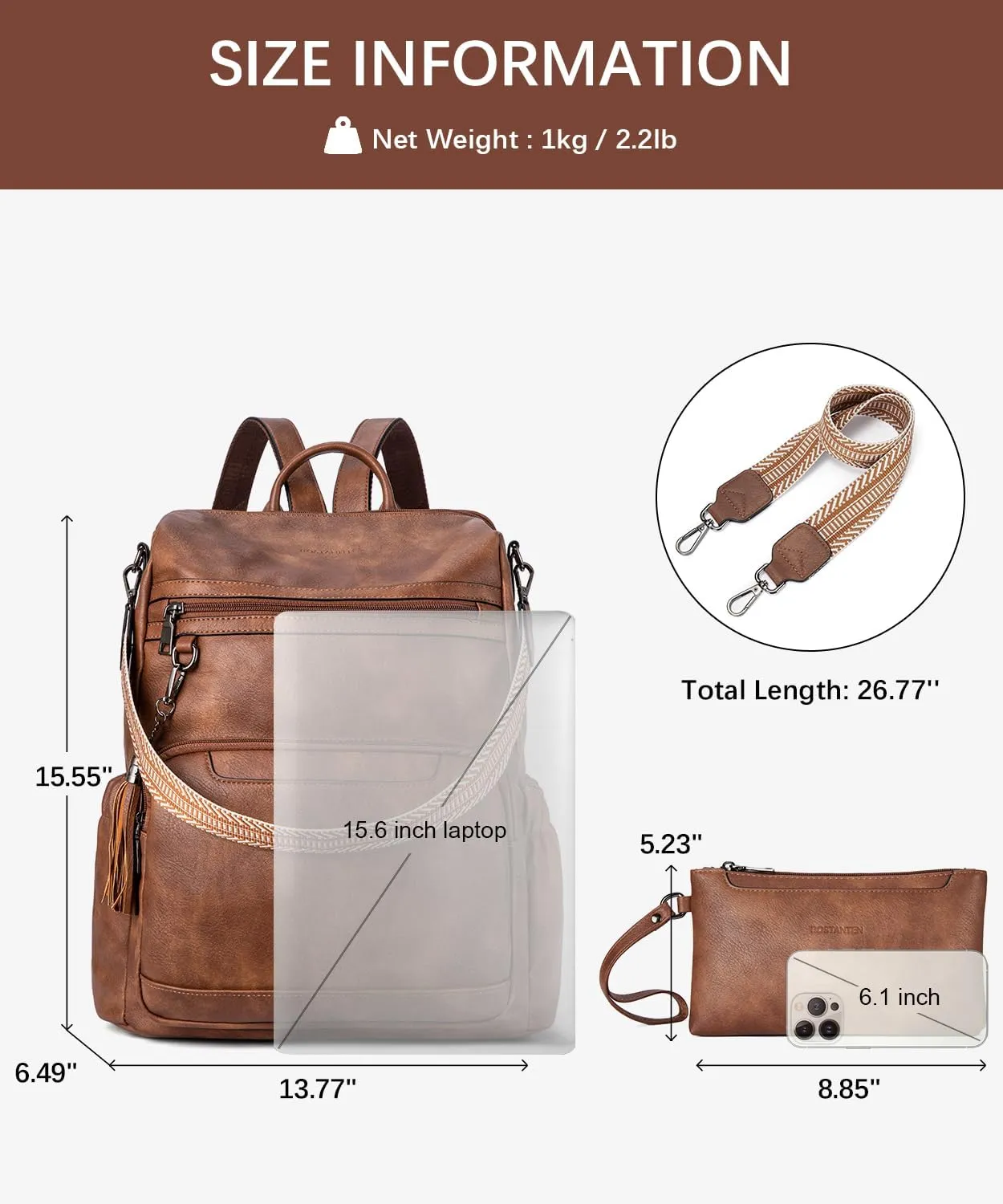BOSTANTEN Leather Laptop Backpack for Women Designer Travel Backpack with Laptop Compartment Ladies Computer Shoulder Bags Brown
