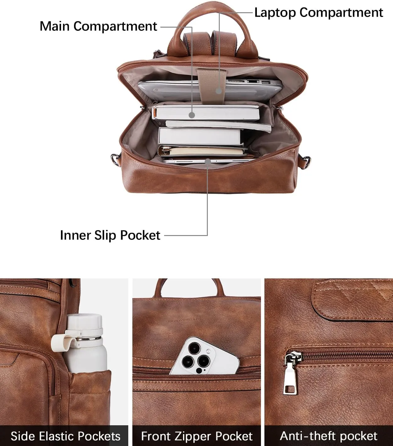BOSTANTEN Leather Laptop Backpack for Women Designer Travel Backpack with Laptop Compartment Ladies Computer Shoulder Bags Brown