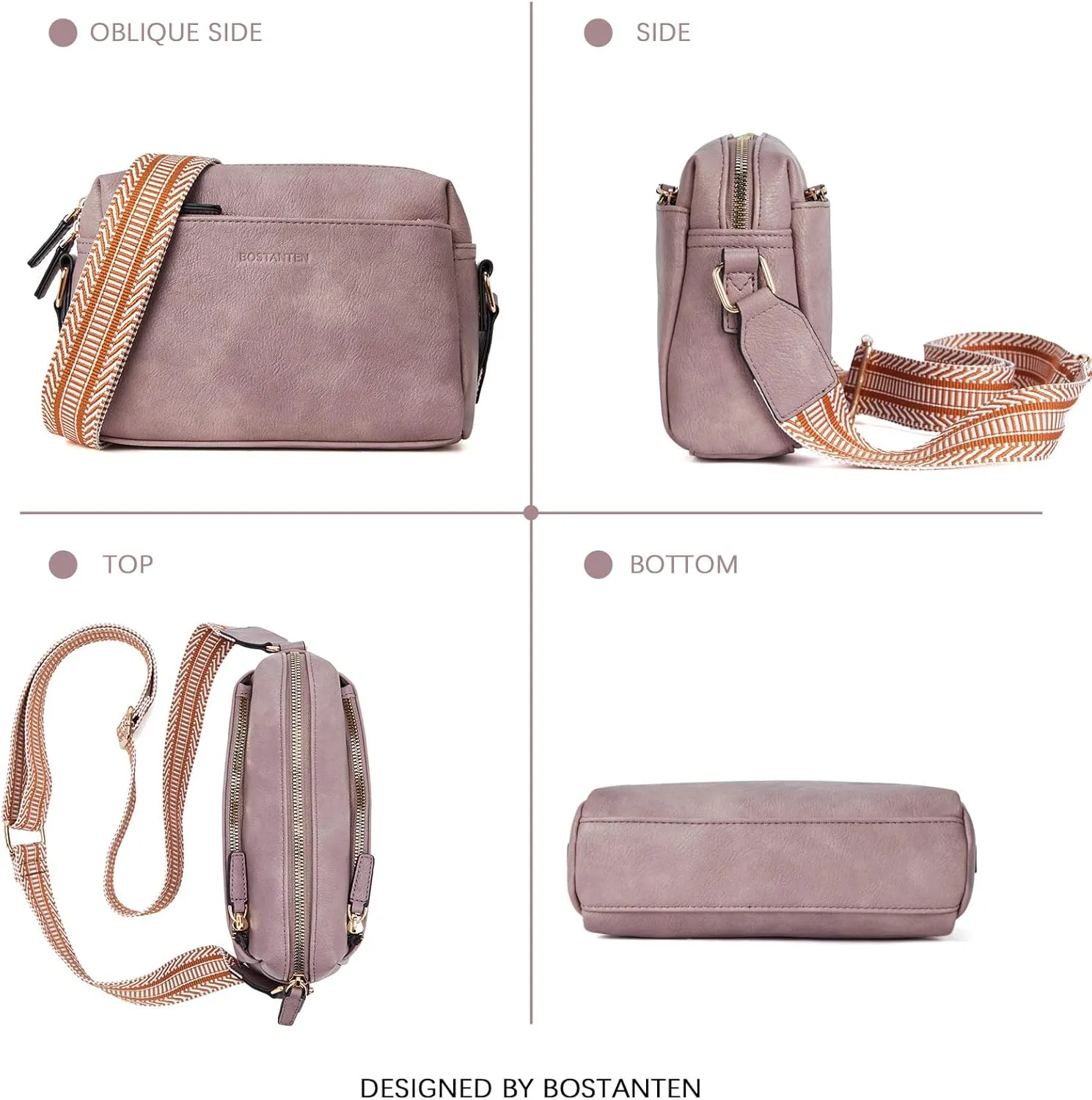 BOSTANTEN Small Crossbody Purse for Women Triple Zip Cell Phone Leather Handbag with Colored Shoulder Strap