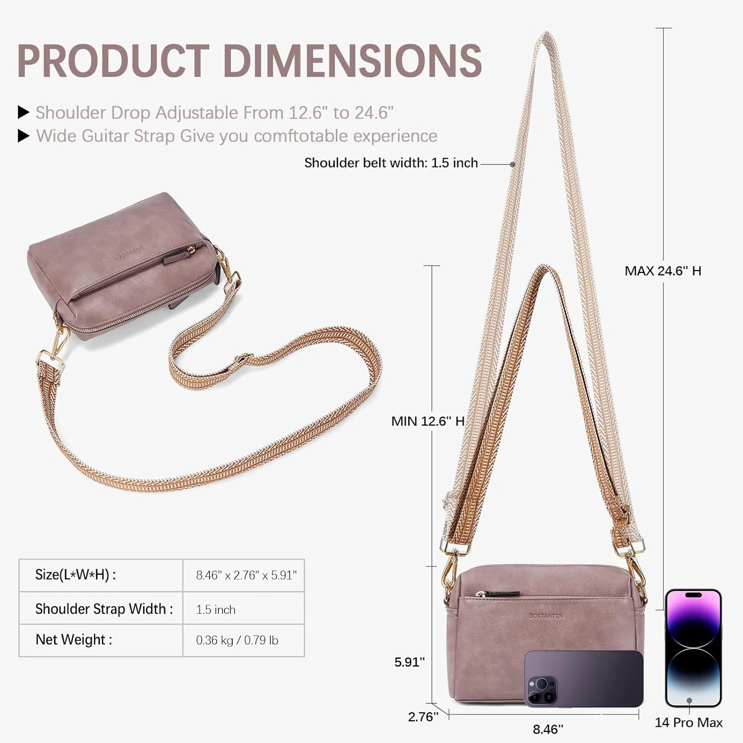 BOSTANTEN Small Crossbody Purse for Women Triple Zip Cell Phone Leather Handbag with Colored Shoulder Strap