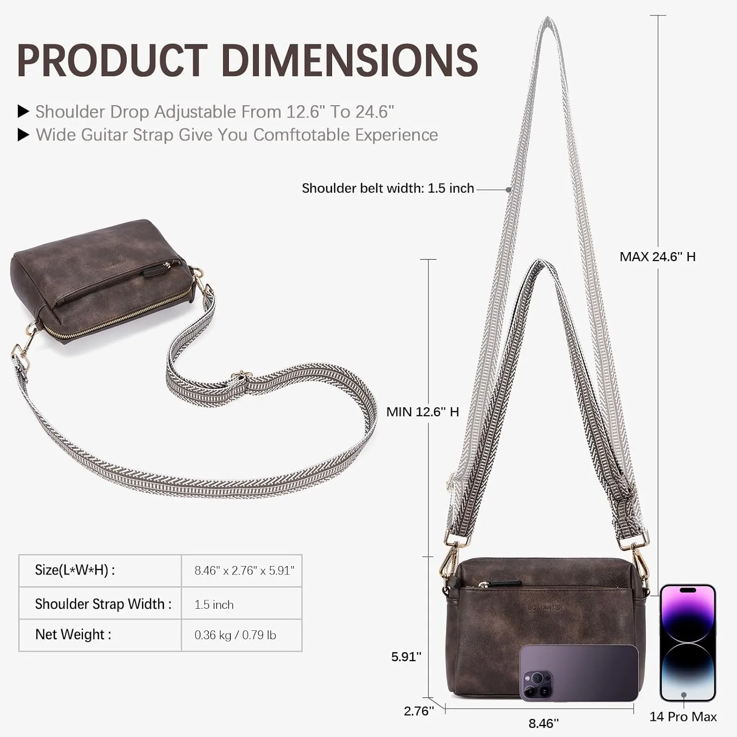BOSTANTEN Small Crossbody Purse for Women Triple Zip Cell Phone Leather Handbag with Colored Shoulder Strap