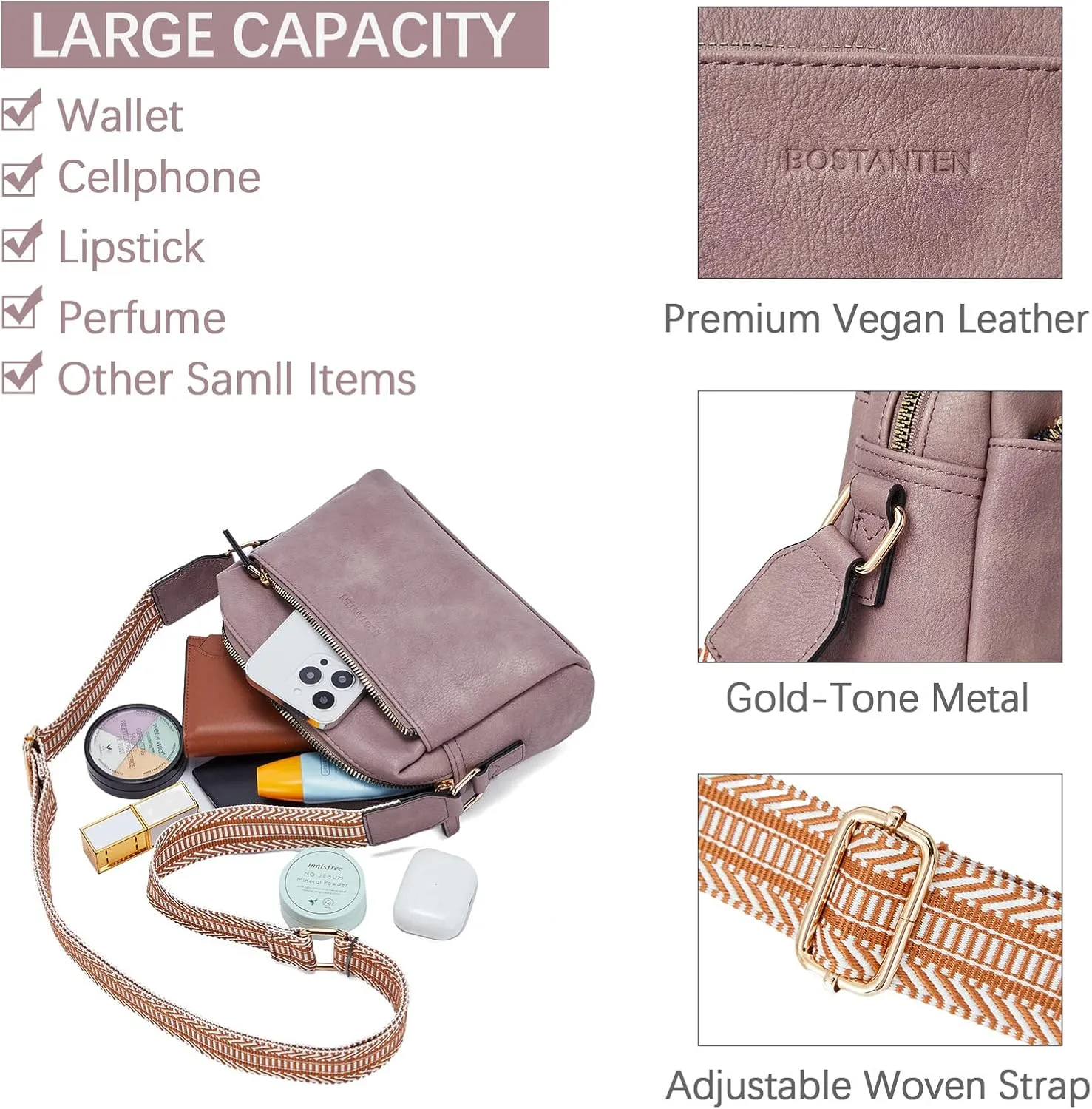 BOSTANTEN Small Crossbody Purse for Women Triple Zip Cell Phone Leather Handbag with Colored Shoulder Strap
