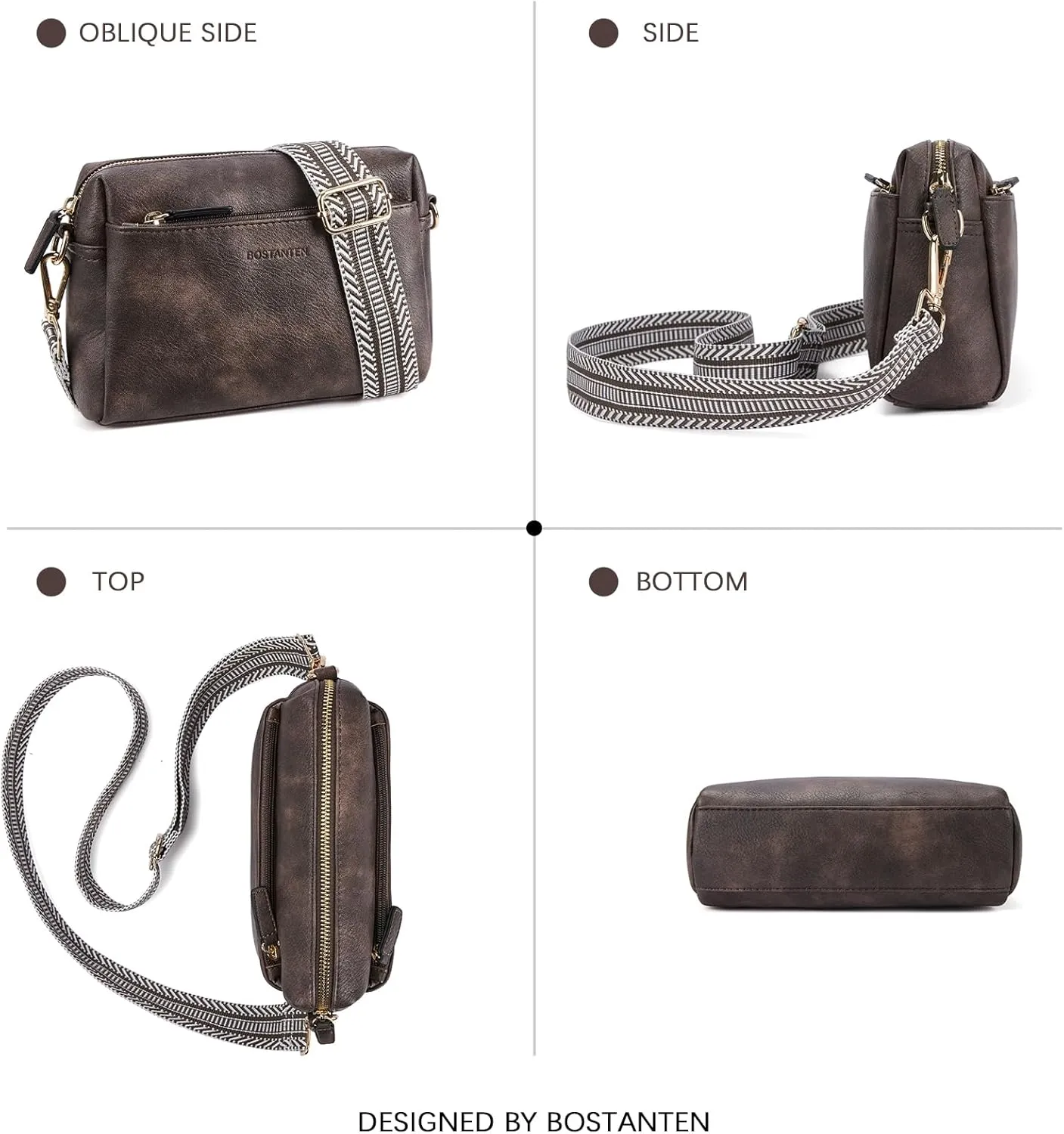 BOSTANTEN Small Crossbody Purse for Women Triple Zip Cell Phone Leather Handbag with Colored Shoulder Strap