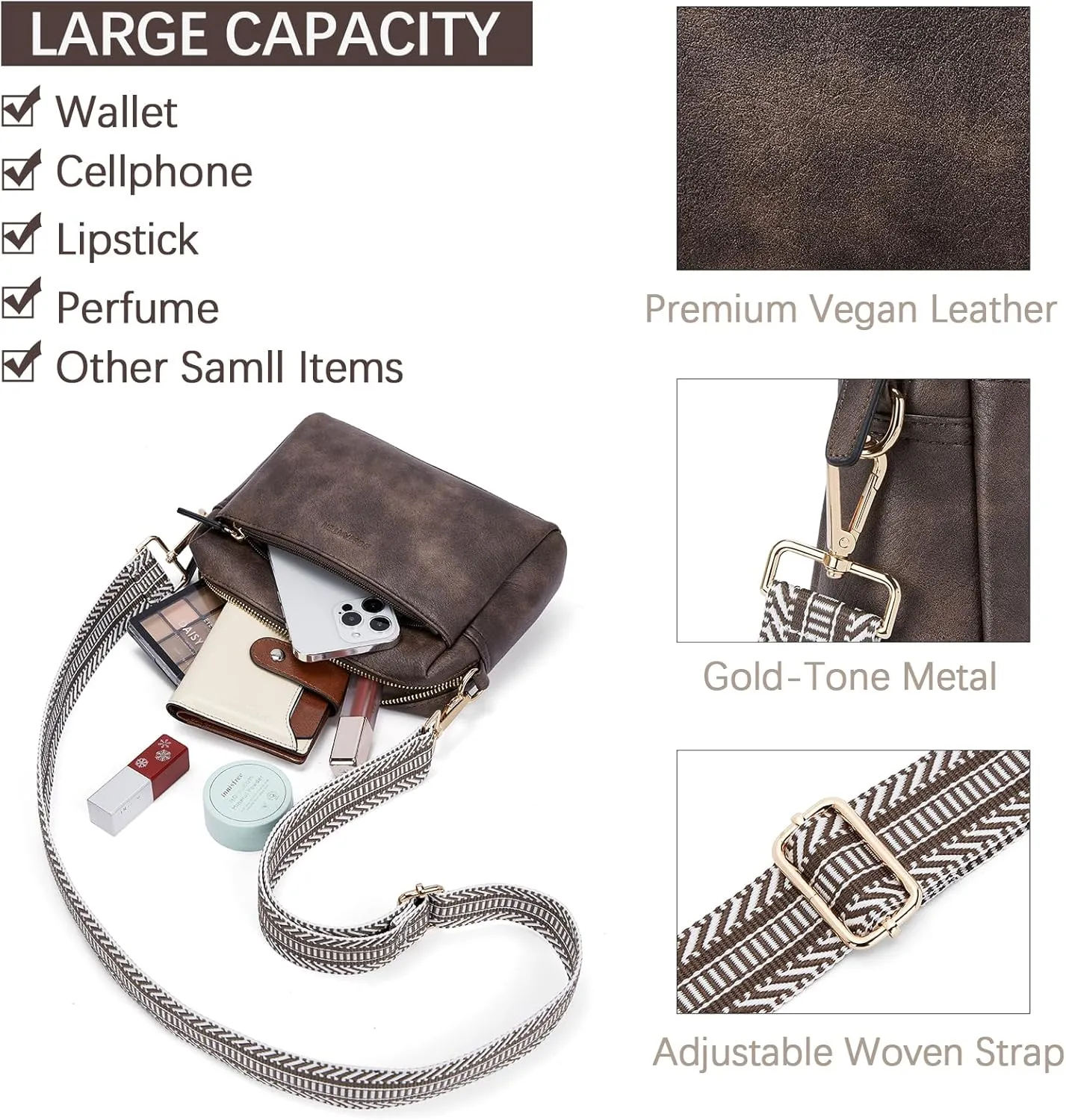 BOSTANTEN Small Crossbody Purse for Women Triple Zip Cell Phone Leather Handbag with Colored Shoulder Strap