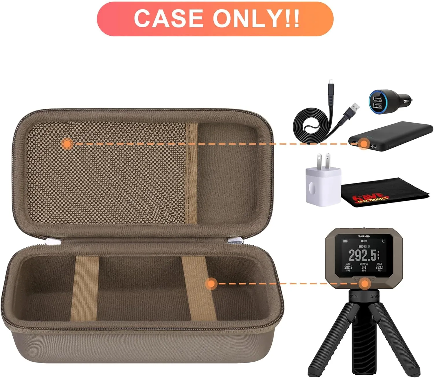 BOVKE Carrying Case Compatible with Garmin Xero C1 Pro Compact Chronograph for Range Shooting, Garmin Xero C1 Pro Travel Storage Bag with Extra Space for Charging Cables, Power Bank, Brown