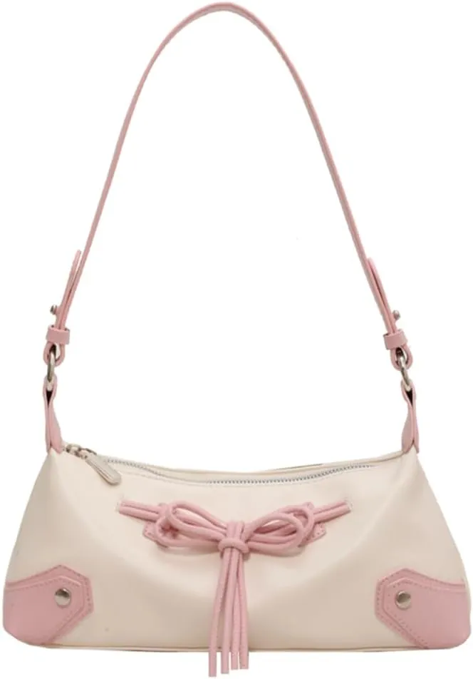 Bow Tie Trendy Shoulder Bag PU Leather Shoulder Purse Contrast Color Underarm Bag Shopping Dating Bag for Women an