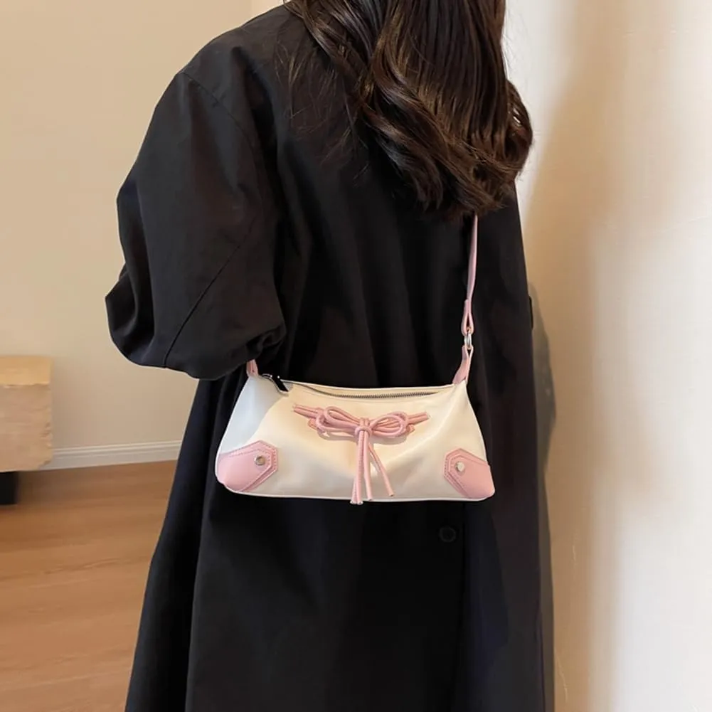 Bow Tie Trendy Shoulder Bag PU Leather Shoulder Purse Contrast Color Underarm Bag Shopping Dating Bag for Women an