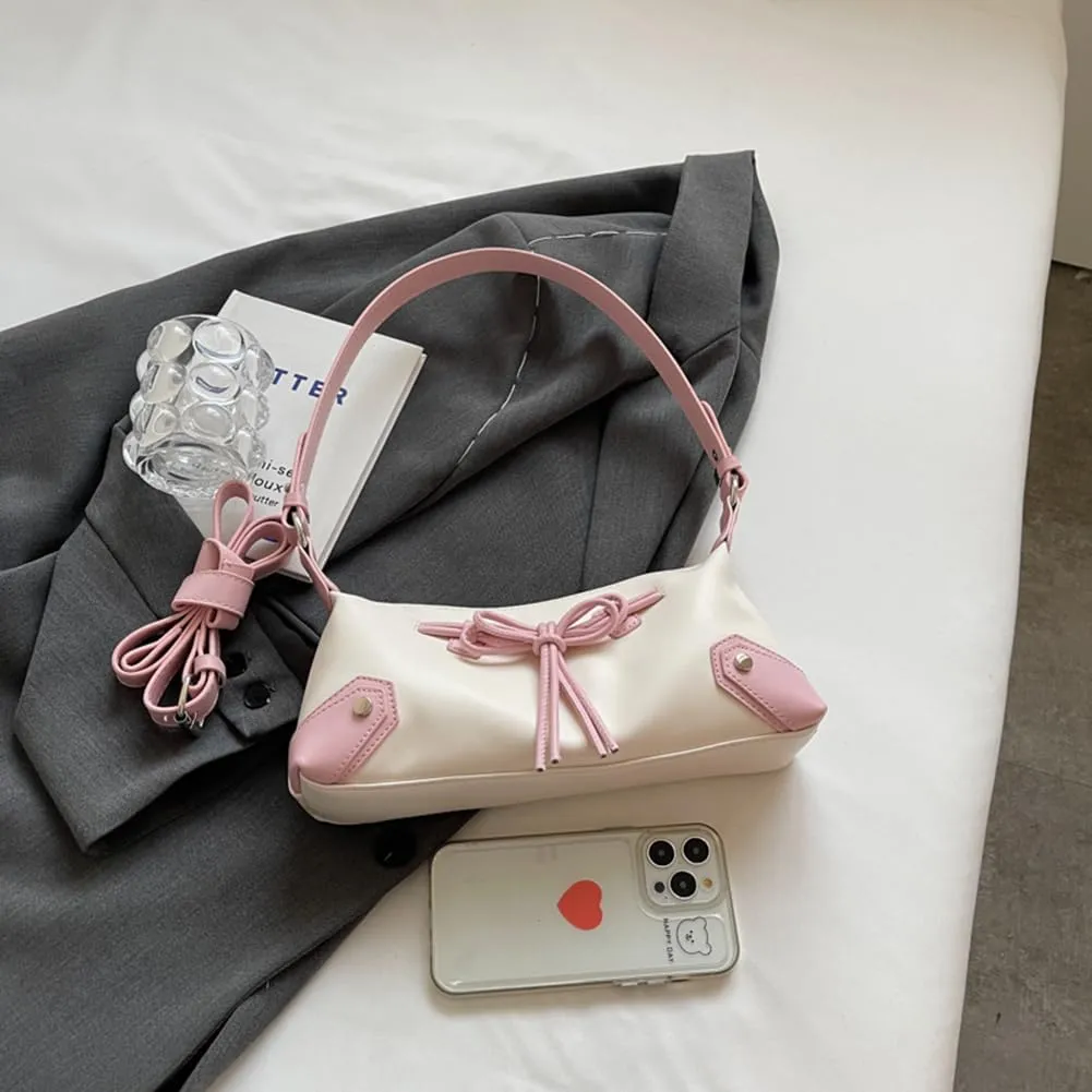 Bow Tie Trendy Shoulder Bag PU Leather Shoulder Purse Contrast Color Underarm Bag Shopping Dating Bag for Women an