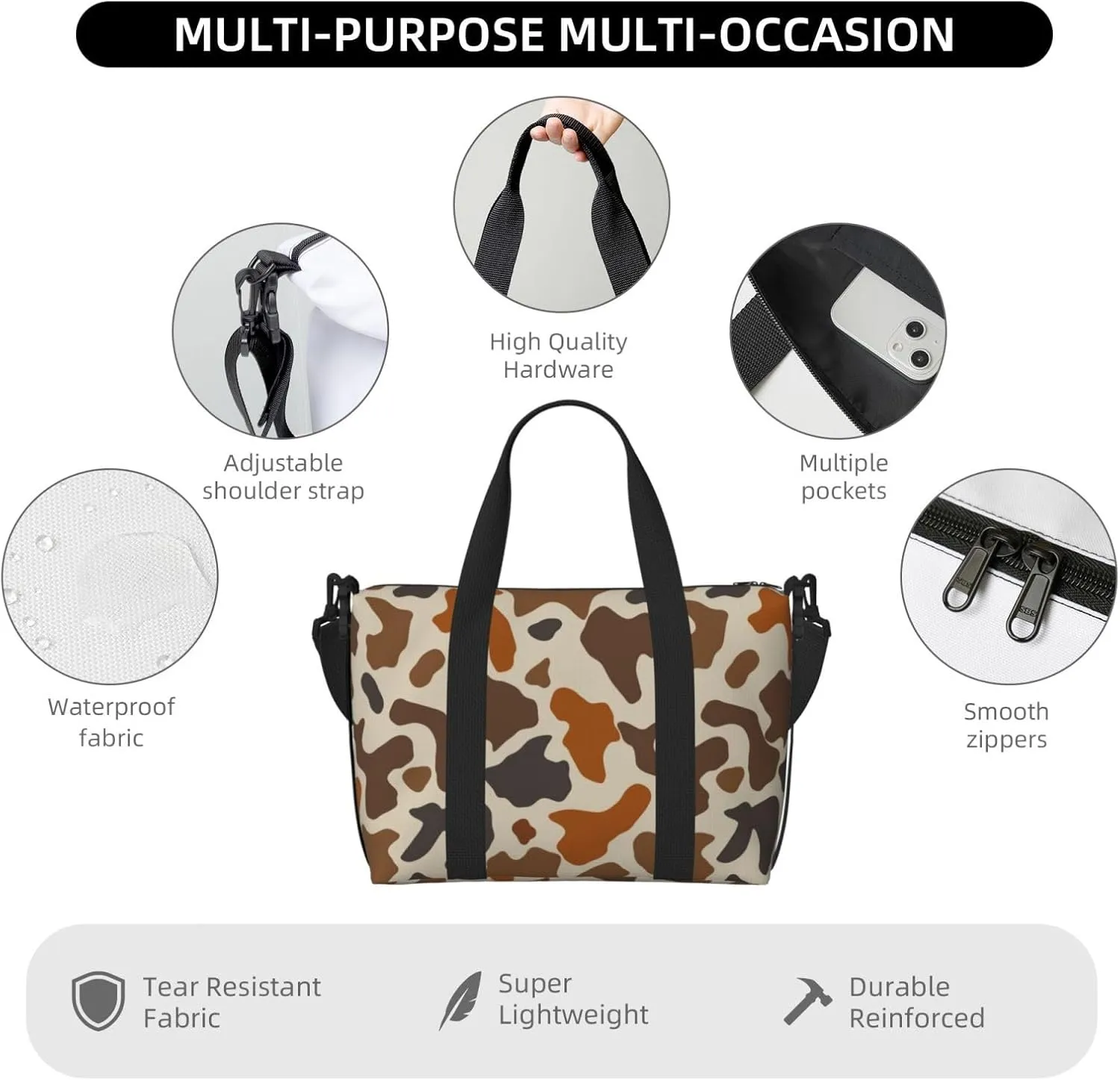 Brown Cow Prints Travel Duffel Bags for Women Men, Sports Training Gym Bag Dance Bag with Adjustable Shoulder Strap Weekender Overnight Bag