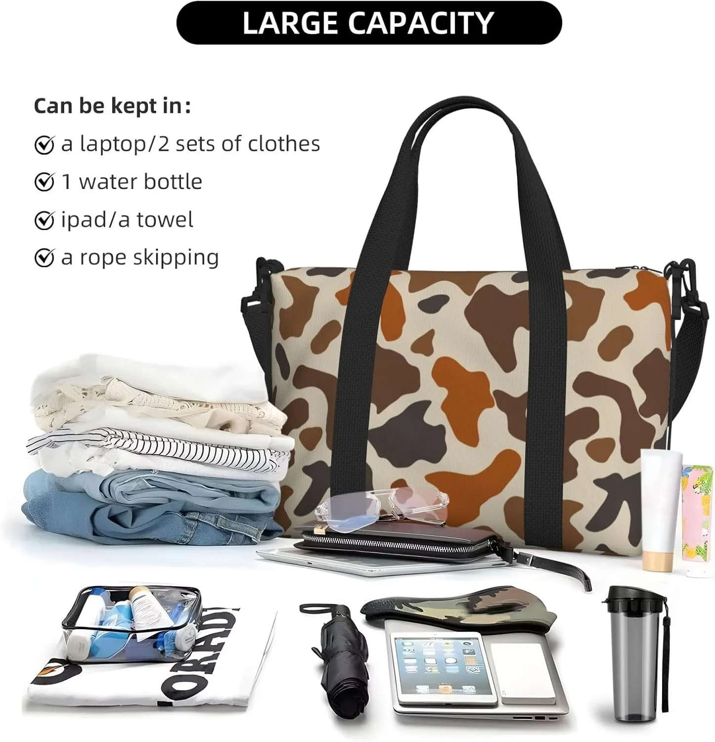 Brown Cow Prints Travel Duffel Bags for Women Men, Sports Training Gym Bag Dance Bag with Adjustable Shoulder Strap Weekender Overnight Bag