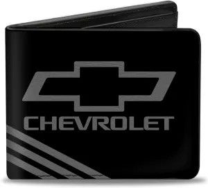 Buckle-Down Men's PU Bifold Wallet-Chevrolet Bowtie 3-Stripe Black/Charcoal, Multicolor, 4.0" x 3.5"