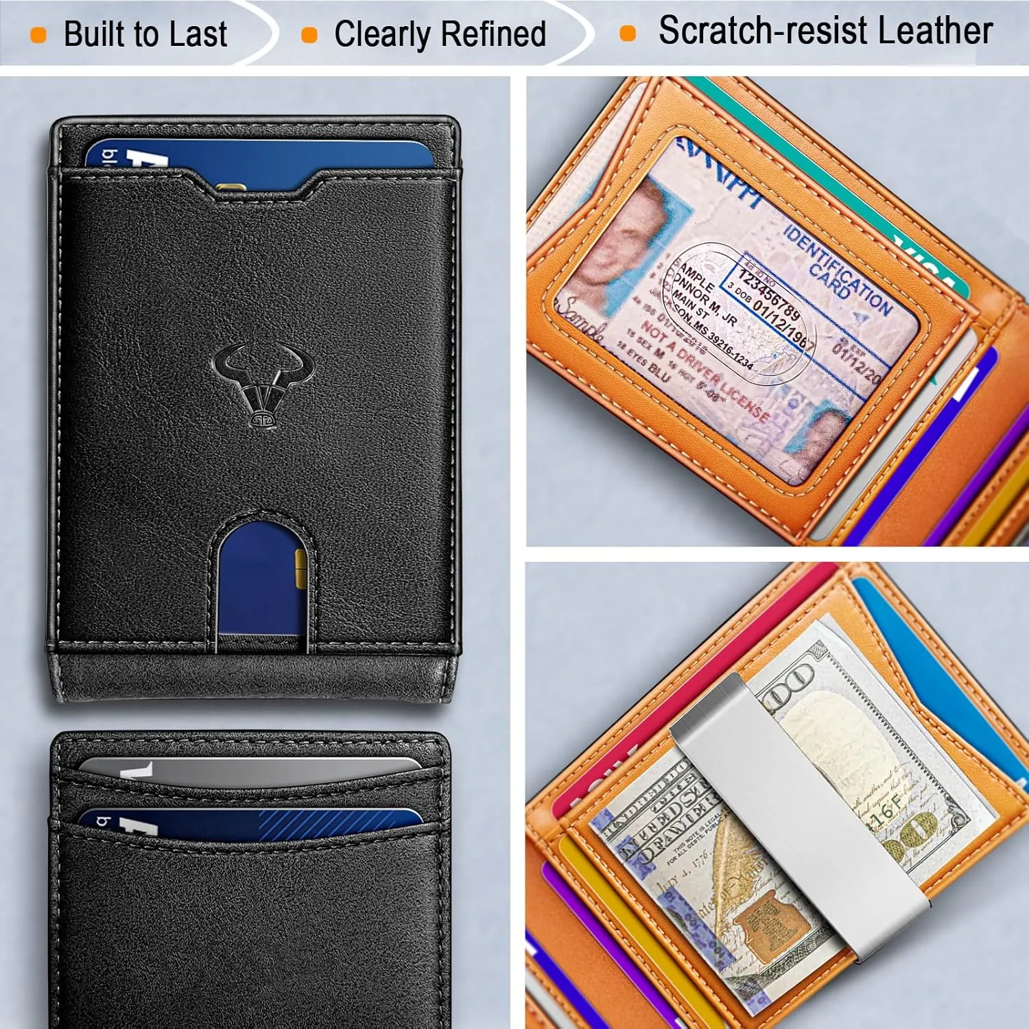 BULLIANT Men Wallet, Slim Leather Wallet Money Clip for Gift Men 3"X4.3" RFID Blocking 11 Cards