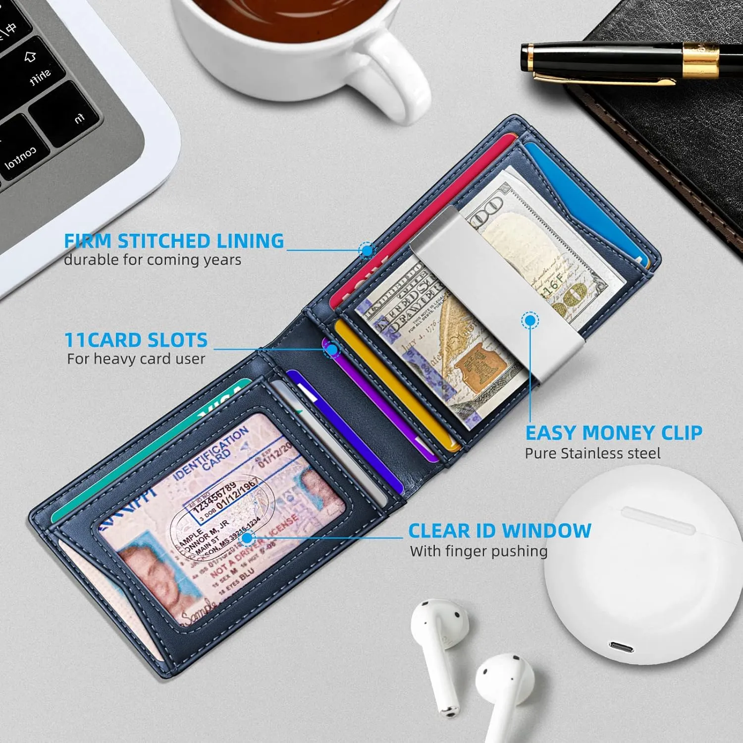 BULLIANT Men Wallet, Slim Leather Wallet Money Clip for Gift Men 3"X4.3" RFID Blocking 11 Cards