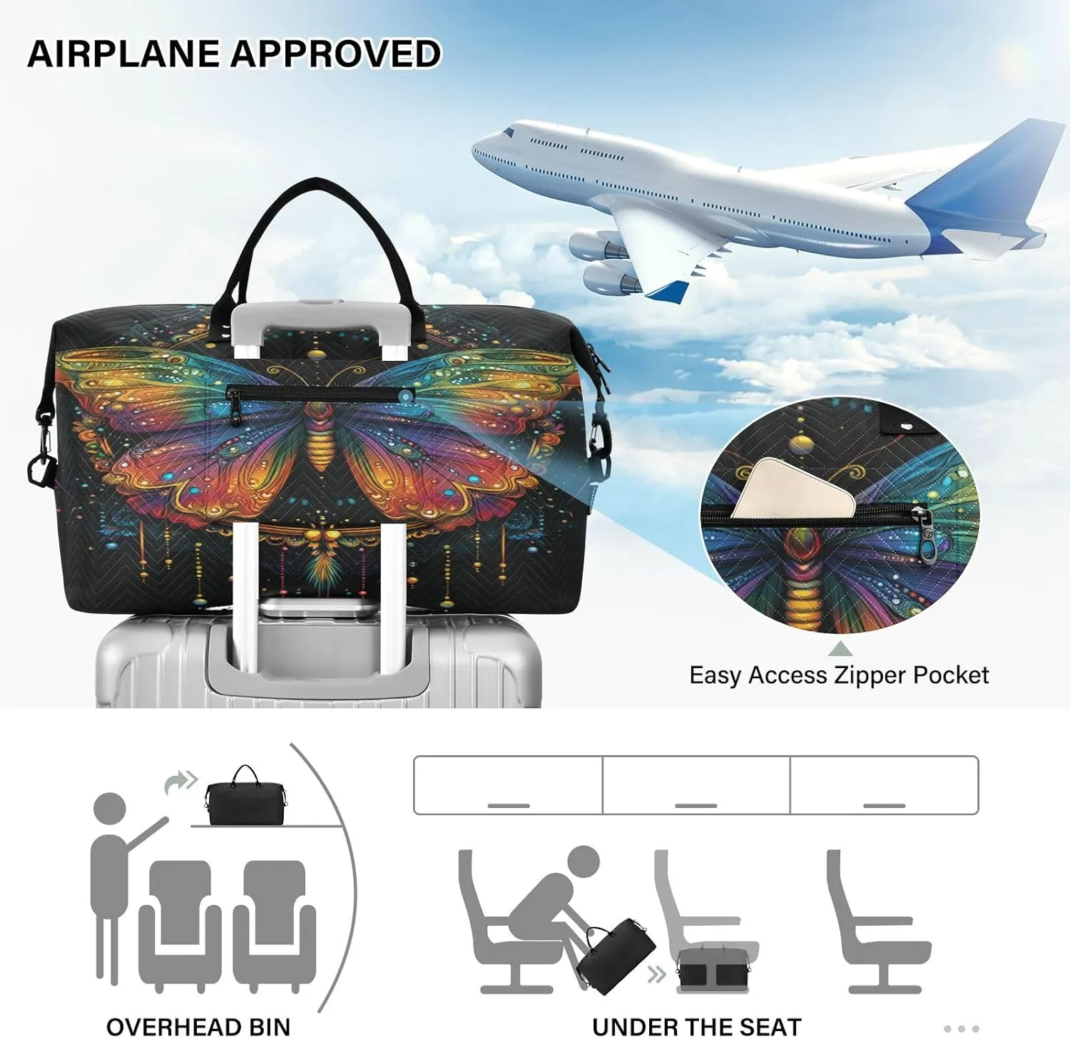 Butterfly Travel Duffle Bag Gym Bag, Butterfly Mandala Dreamcatcher Weekender Bags for Women with Toiletry Bag Travel Tote Bag Swim Bag