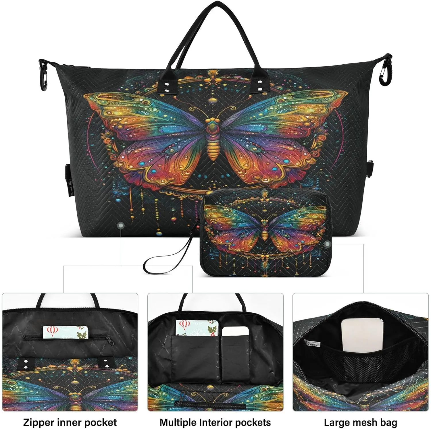 Butterfly Travel Duffle Bag Gym Bag, Butterfly Mandala Dreamcatcher Weekender Bags for Women with Toiletry Bag Travel Tote Bag Swim Bag